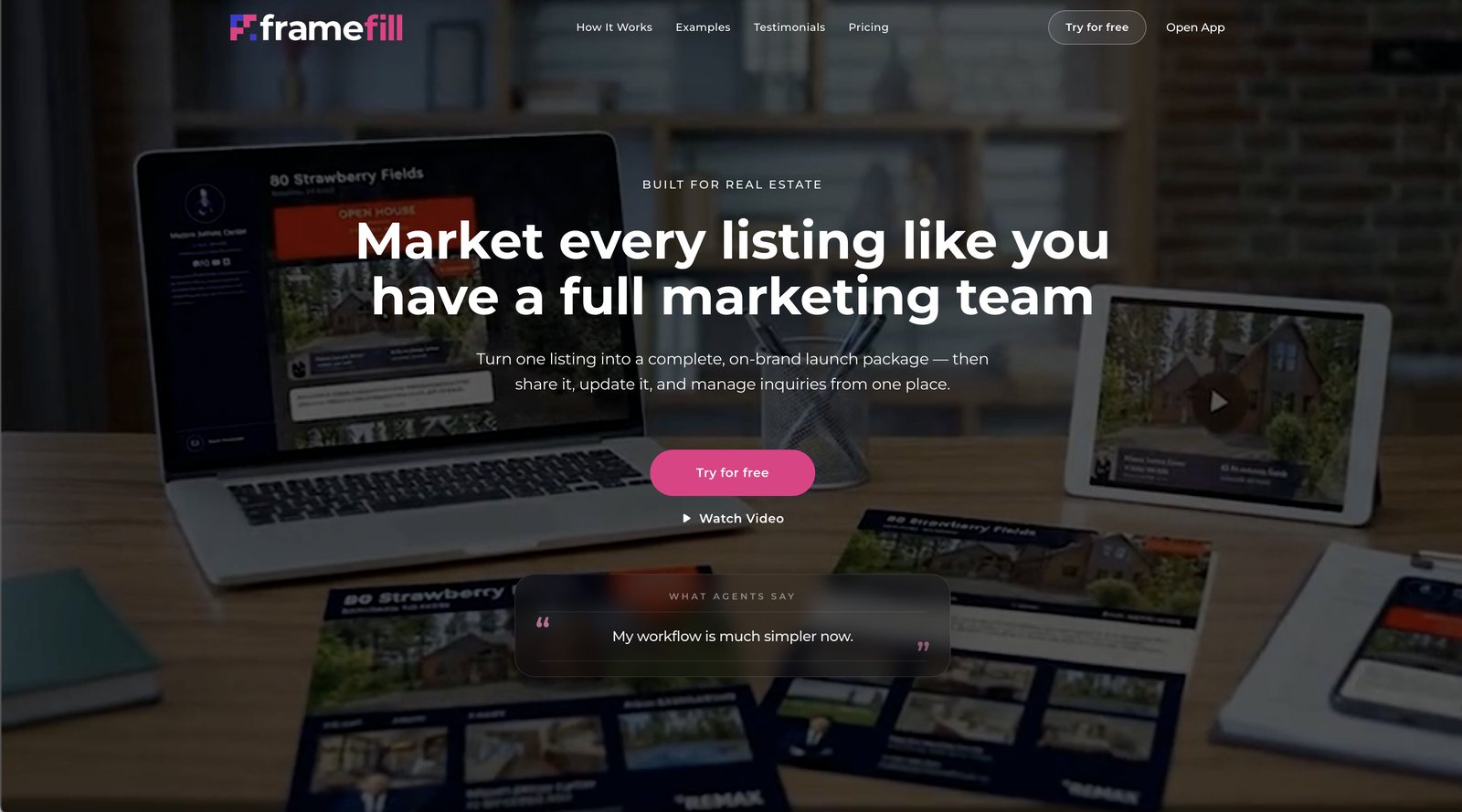 The FrameFill website, showing property marketing materials generated from a single listing